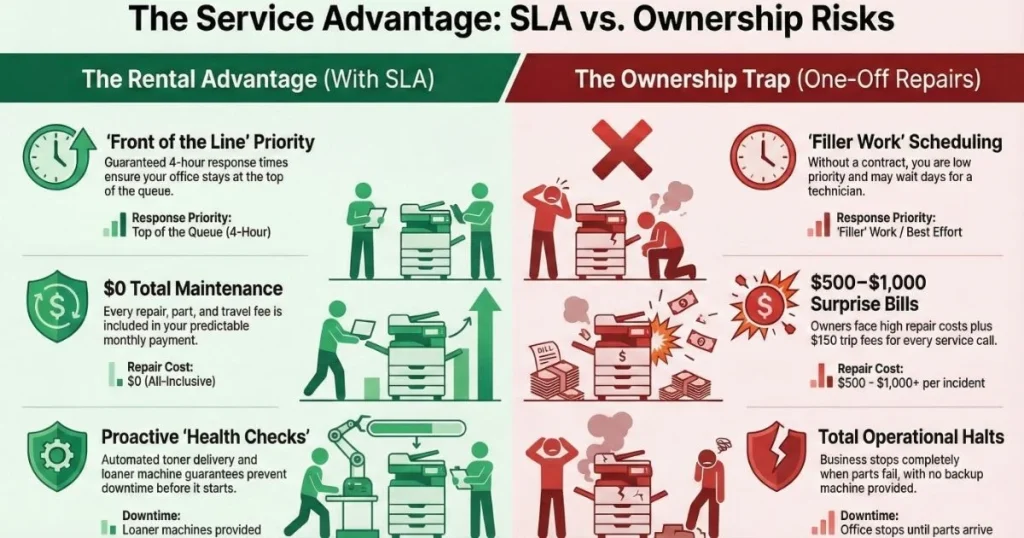 Comparison chart for Denver offices showing rental benefits like guaranteed 4-hour response times versus ownership risks like $1,000 repair bills.