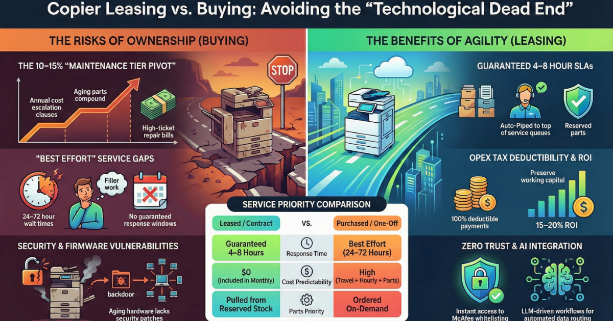 Infographic comparing copier ownership risks versus leasing benefits like guaranteed 4-8 hour SLAs for offices at 1624 Market St, Denver, CO.