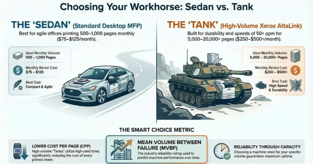 A visual comparison for Denver business owners between compact desktop MFPs and high-volume Xerox AltaLink "tanks" based on monthly page volume.