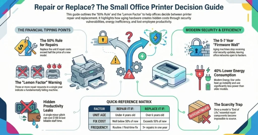 A financial tipping point matrix for Printer Repair in Denver businesses, highlighting the scarcity trap and firmware security barriers.