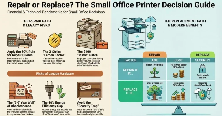 Visual guide for Denver offices deciding on Printer Repair, featuring the 50% rule, 3-strike lemon factor, and legacy hardware risks.