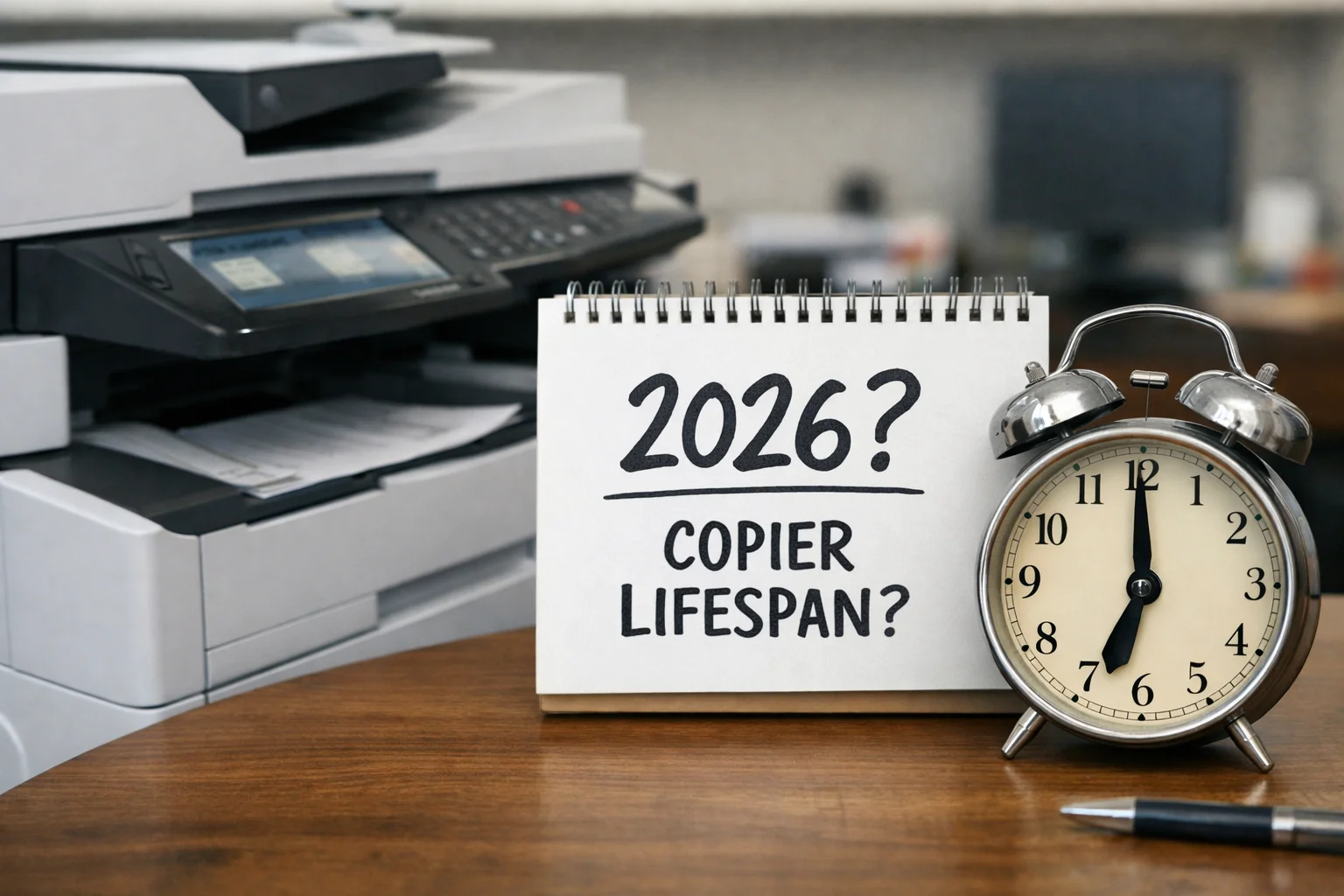 A desktop calendar and alarm clock next to a modern office copier questioning the average machine lifespan for Denver businesses in 2026.