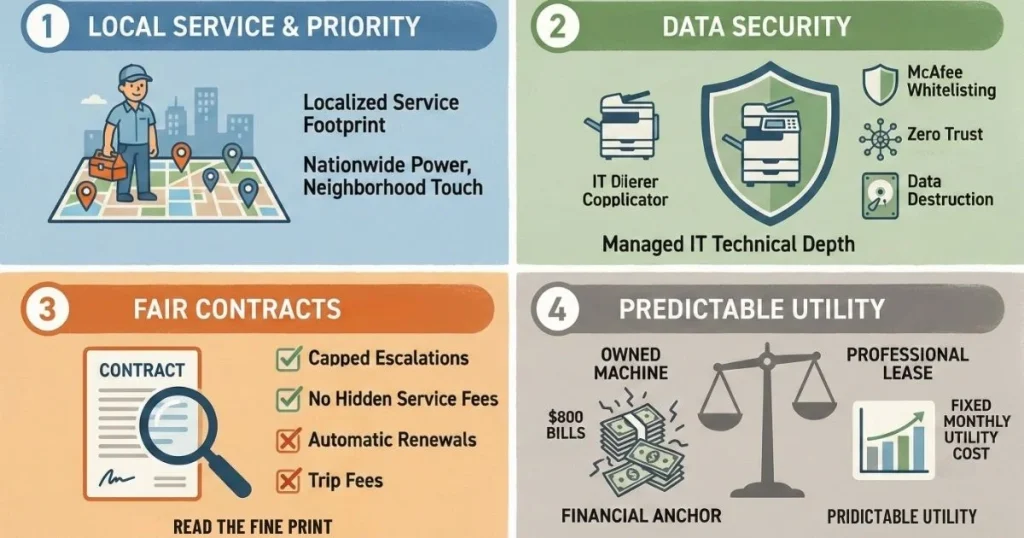 Four-step guide to a Reliable Copier Lease in Denver, covering local service footprints, Data Security, Fair Contracts, and Predictable Utility.