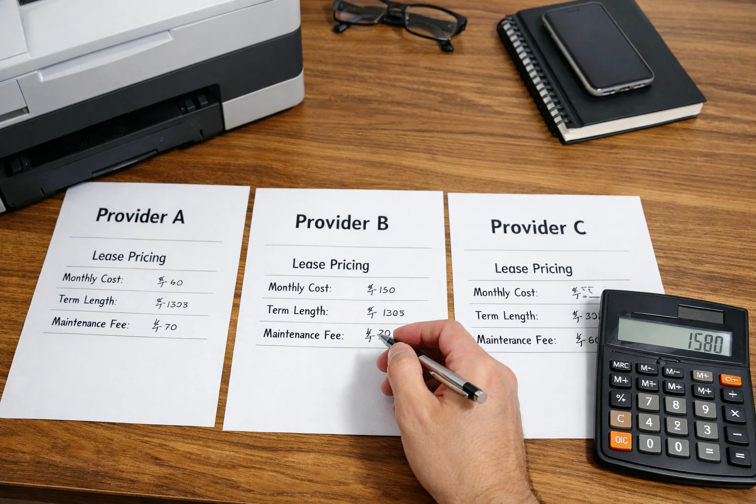 A business professional in Denver comparing copier lease pricing quotes from three different providers with a calculator and office hardware.