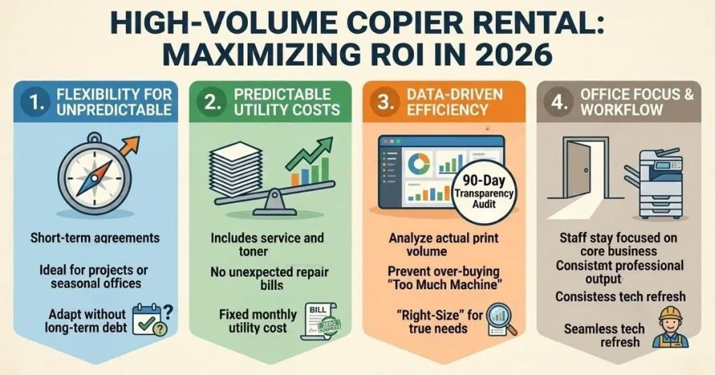 Four-step guide to maximizing ROI and managing Copier Rental Cost in Denver through 90-day transparency audits and data-driven efficiency.