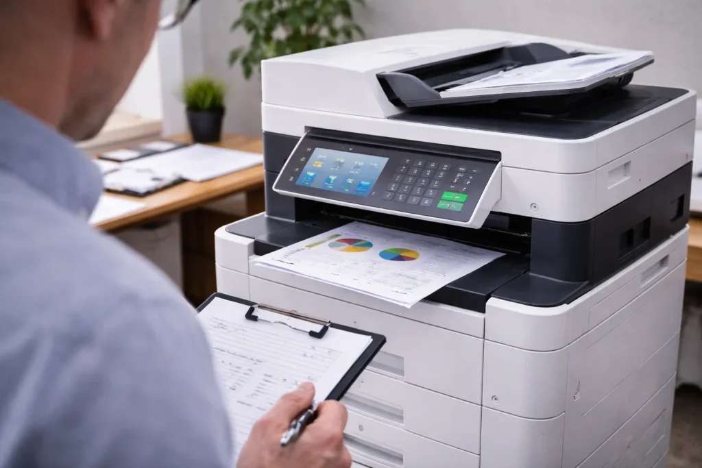 An office worker at 1624 Market St reviewing high-quality color charts from enterprise-grade multifunction copiers.