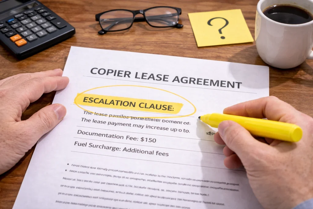 Hand highlighting a clause in a Denver Copier Lease Agreement to ensure all terms are understood.