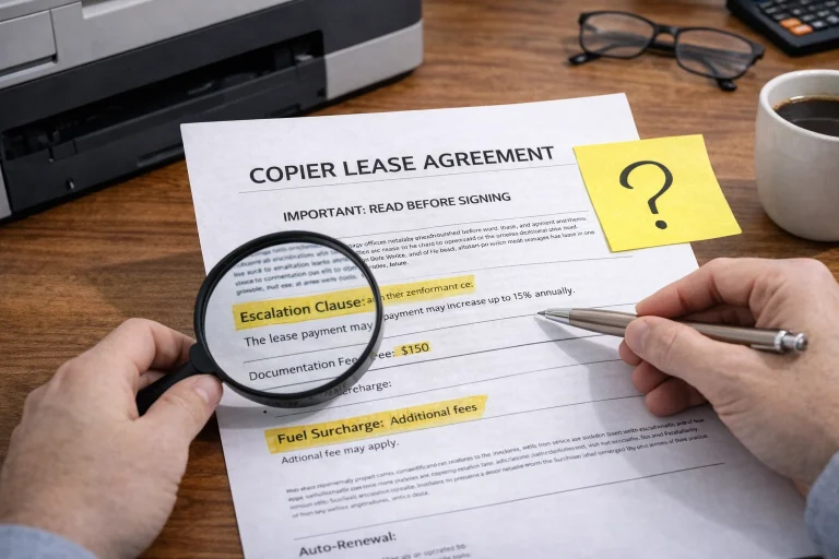 A business owner using a magnifying glass to inspect the fine print of Denver Copier Lease Agreements.