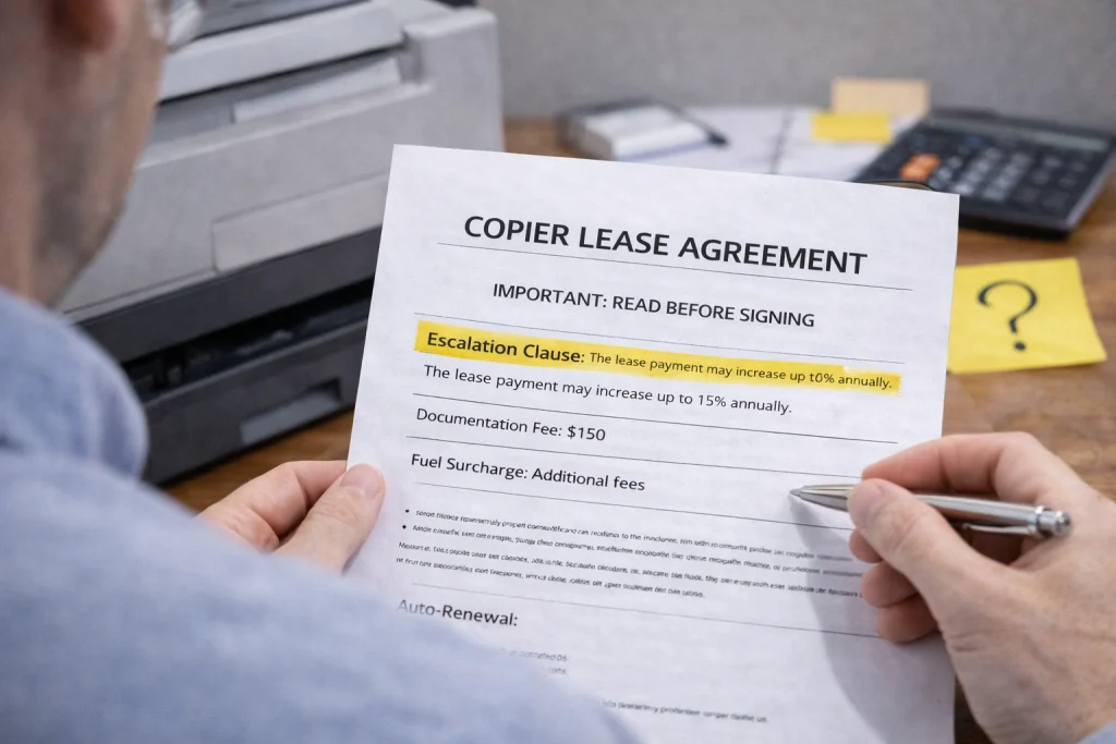Person reviewing the "Important: Read Before Signing" section of Denver Copier Lease Agreements.