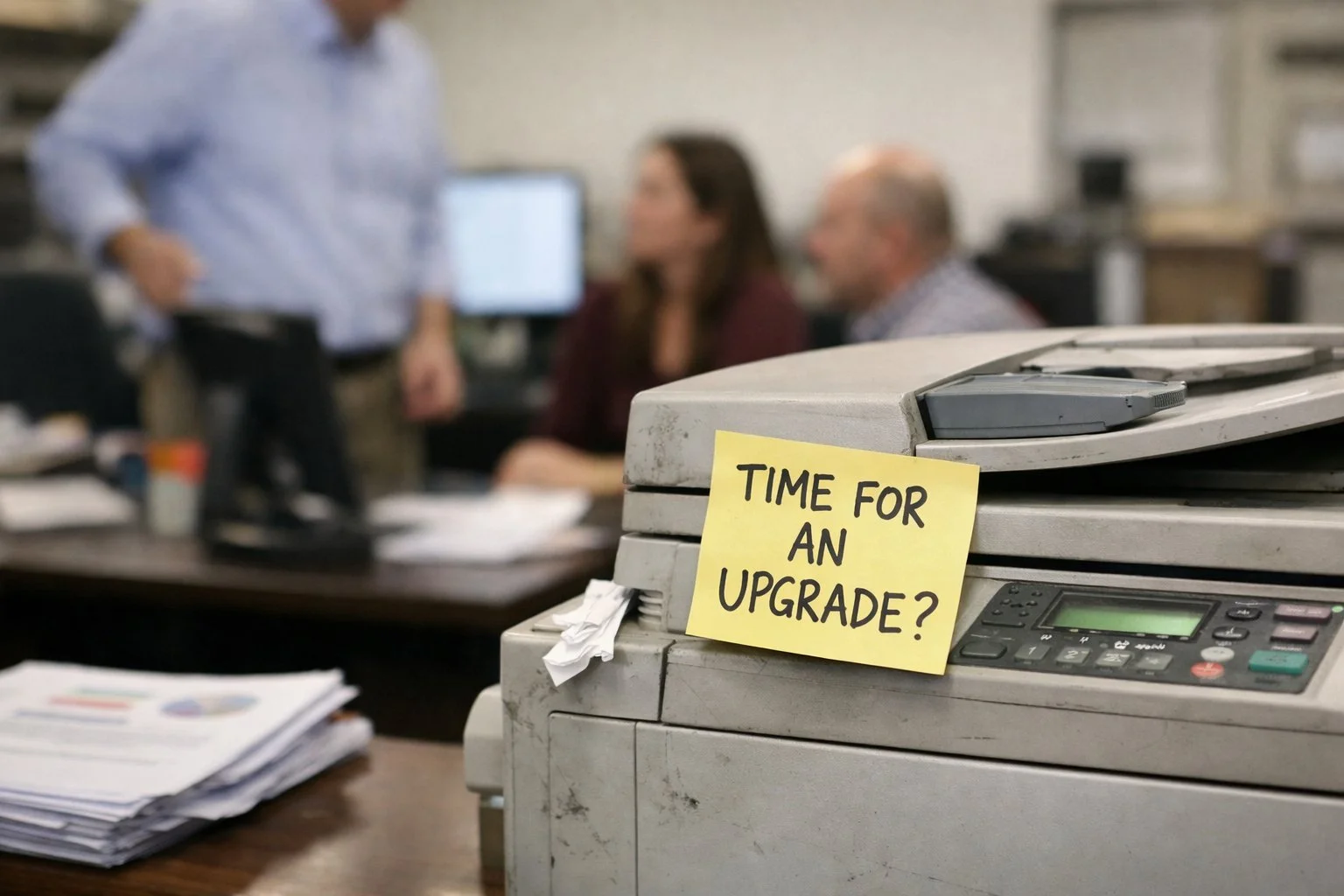 A dusty office printer with a yellow sticky note asking "Time for an upgrade?" in a Denver office.