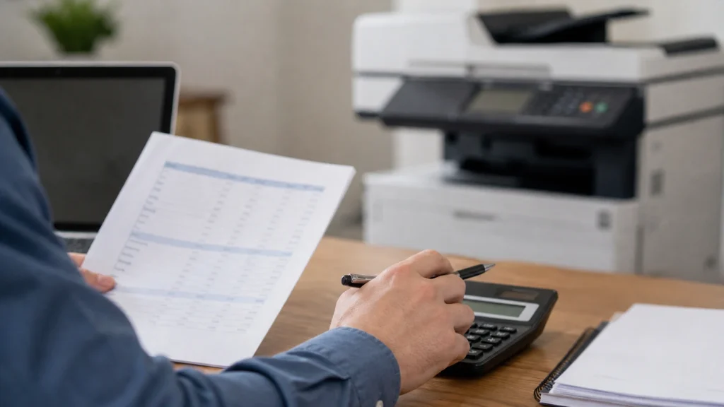 A small business owner using a calculator to determine Denver copier lease costs.