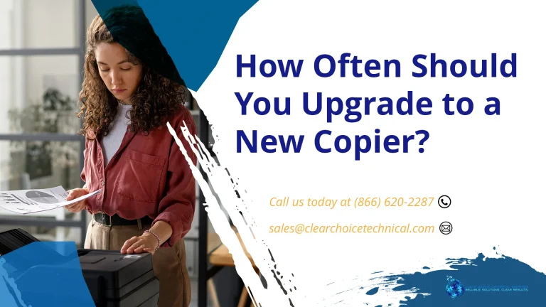 How often should you upgrade to a new copier white graphic with businesswoman reviewing printed document at office copier in Denver CO