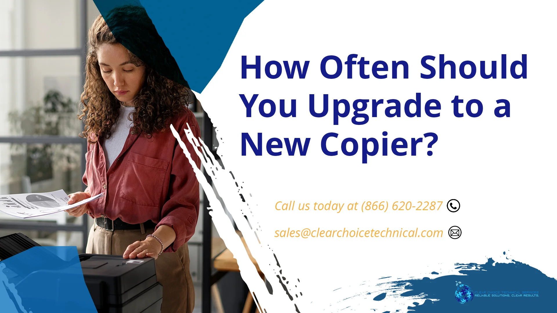 How often should you upgrade to a new copier white graphic with businesswoman reviewing printed document at office copier in Denver CO
