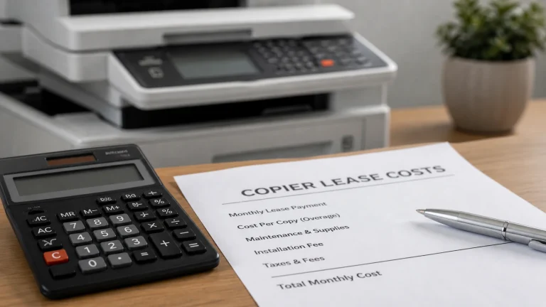 A document on a desk listing Denver copier lease costs including maintenance and fees.