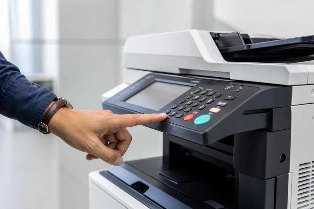 A person operating an office printer to manage Denver copier lease costs.