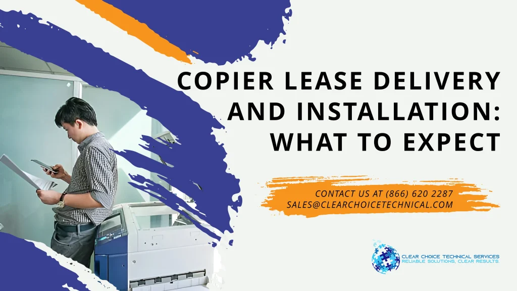 Denver office technician reviewing copier setup documents during copier lease delivery and installation